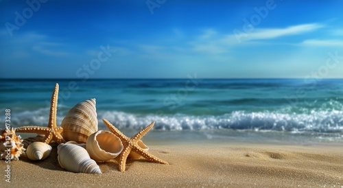 Seashells and Starfish on Sandy Beach Near Calm Ocean Under Bright Blue Sky