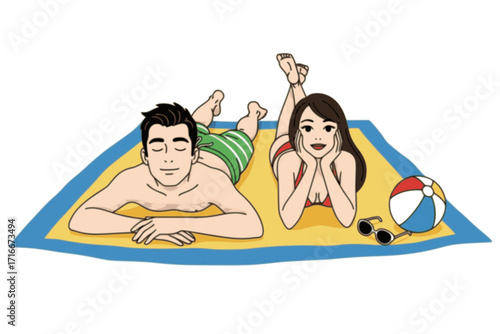 Man and Woman Sunbathing on Sandy Beach – Top View Vector Set of People Lying on Blanket, Summer Vacation, Relaxation, Beach Holiday Illustration