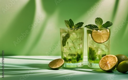 Refreshing Mojitos Served in Tall Glasses With Lime and Mint on a Green Backg...