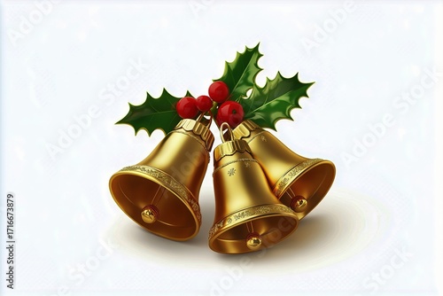 Festive Holiday Bells With Red Ribbon and Green Holly Leaves for Seasonal Dec...