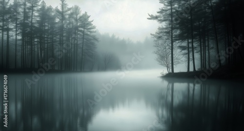 Foggy Lake Surrounded by Pine Trees Creates a Tranquil Morning Scene at Dawn