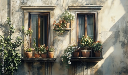 Charming Window Boxes Filled With Colorful Flowers in Warm Afternoon Light on...