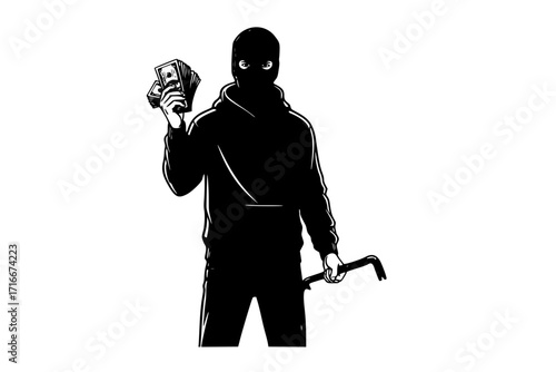 Man Thief and Burglar in Mask Stealing Money – Vector Set of Criminal Characters in Action, Robbery, Heist, and Crime Scene Illustration