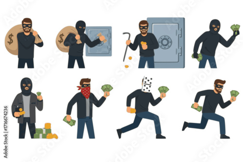 Man Thief and Burglar in Mask Stealing Money – Vector Set of Criminal Characters in Action, Robbery, Heist, and Crime Scene Illustration