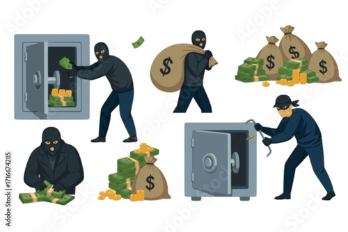 Man Thief and Burglar in Mask Stealing Money – Vector Set of Criminal Characters in Action, Robbery, Heist, and Crime Scene Illustration