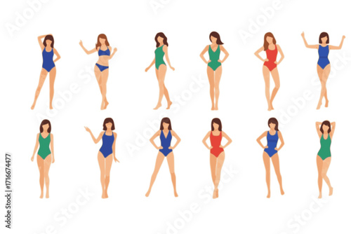 Young Woman in Swimsuit Having Slim Body Standing and Posing Vector Set
