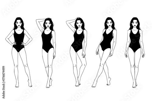 Young Woman in Swimsuit Having Slim Body Standing and Posing Vector Set
