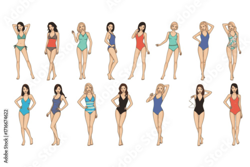 Young Woman in Swimsuit Having Slim Body Standing and Posing Vector Set
