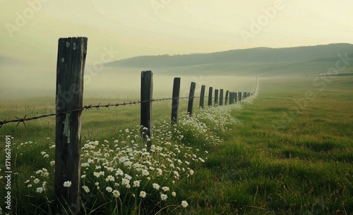 Morning Fog Surrounds a Rustic Fence With Wildflowers Along a Lush Green Field.