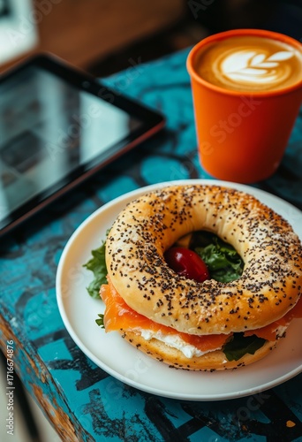 Fresh Bagel With Salmon on a Colorful Table and a Cup of Coffee in a Casual S...