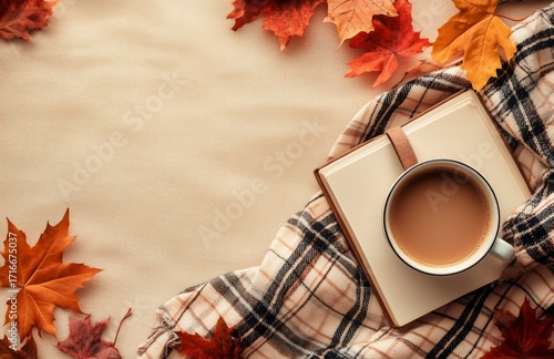 Cozy Autumn Scene With a Warm Drink, Book, and Colorful Leaves