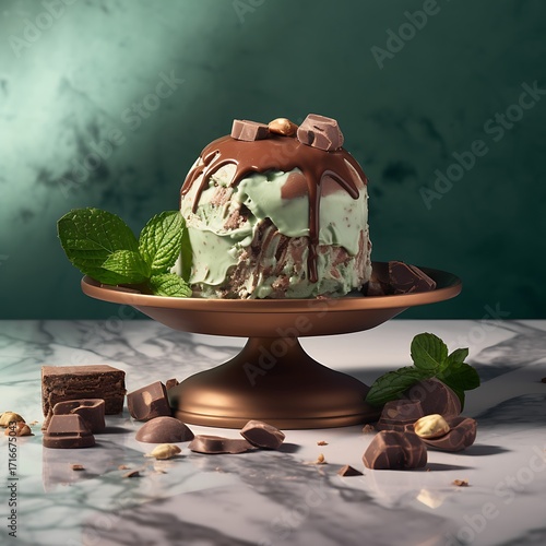 Mint chocolate chip ice cream scoop decadent dessert studio shot