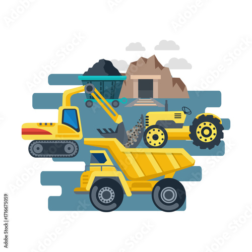 Construction and mining vehicles and equipment with industrial buildings and landscape