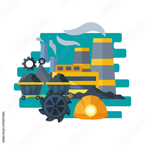 Industrial factory concept with coal mining equipment and energy production elements