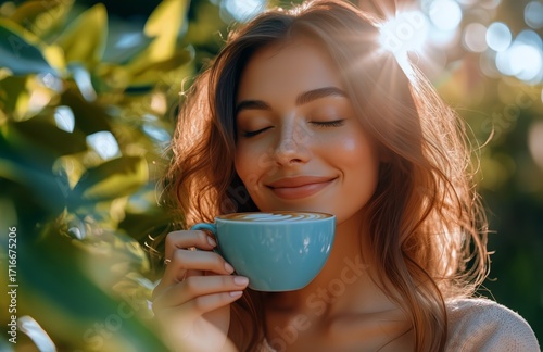 Woman Enjoys Coffee in a Sunlit Garden While Surrounded by Greenery and a Pea...