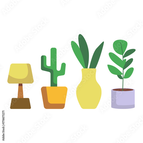 Various potted houseplants and a table lamp illustrated in a flat design