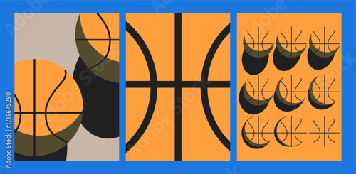 bold basketball collage with orange balls and court lines on a blue background Poster cards set