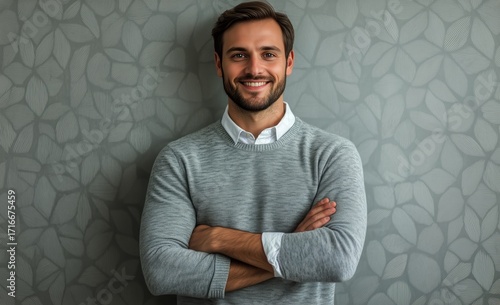 Smiling Man Stands Confidently Against a Textured Gray Wall at an Indoor Sett...