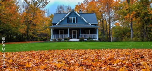 Charming Blue House Surrounded by Vibrant Autumn Foliage in a Peaceful Setting