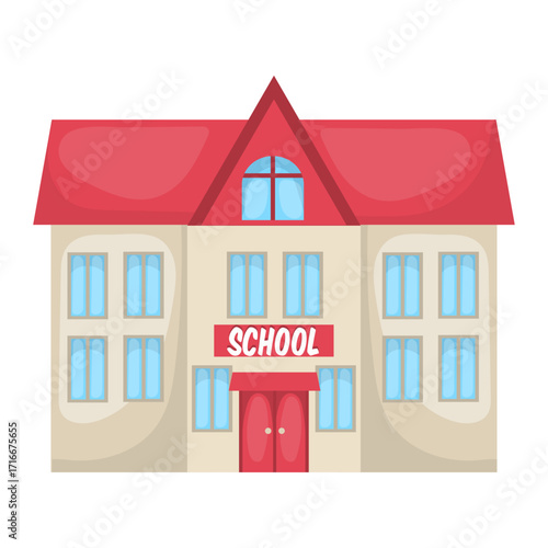 Vector illustration of a school building with a red roof, entrance, and sign