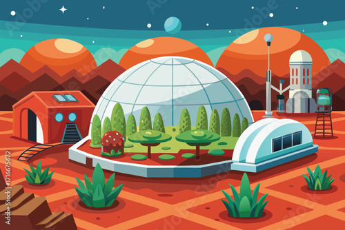 Vector art of a martian colony with domes, habitats, and vegetation on the red planet under a starry sky