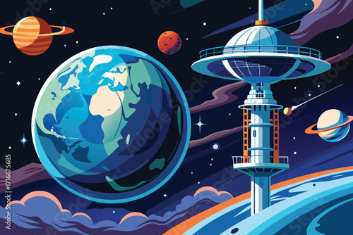 Vector art of a futuristic space station orbiting earth with planets and stars in the cosmic expanse of space
