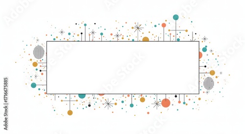 Mid-Century Modern Atomic Starburst Frame with Retro Colorful Confetti Dots