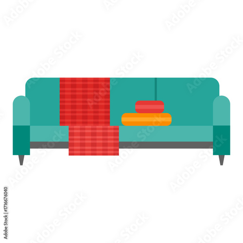Comfortable teal sofa with plaid throw and stacked cushions in a modern living room