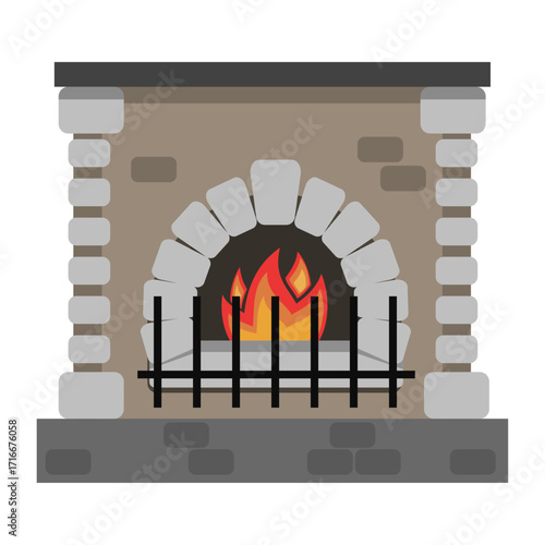 Classic stone and brick fireplace with a warm burning fire for a cozy winter evening