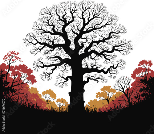 Autumnal Tree Silhouette Illustration Isolated on Transparent Background Vector Art