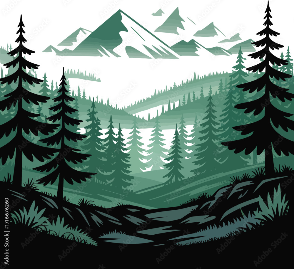 Fototapeta premium Green Mountain Valley Illustration with Pine Trees Isolated Vector Art Landscape