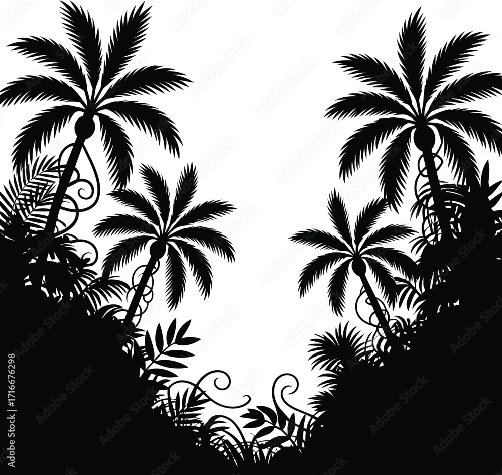 Fototapeta premium Silhouette Tropical Palm Trees Vector Illustration Art Isolated on Transparent Background