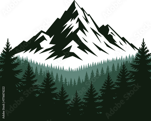 Mountain Peak and Forest Illustration Isolated Vector Art in Green and Dark Green
