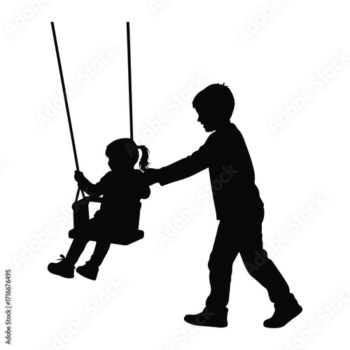 Brother pushing sister on swing silhouette children
