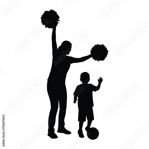 Cheerleader and child with pom poms and ball silhouette