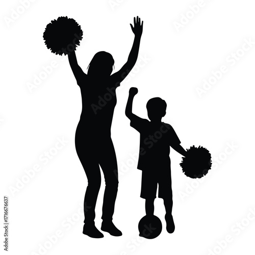 Cheerful figures with pom poms silhouette cheerleaders