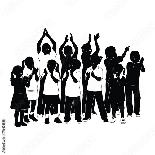 Children clapping and pointing group arms raised