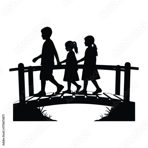 Children crossing bridge silhouette walking