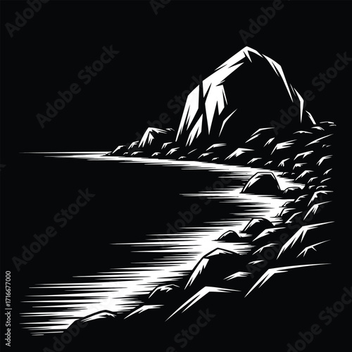 Monochrome Rocky Coastline Vector Illustration Art Isolated on Black Background Design Element