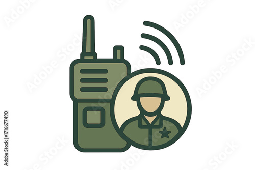 Military communication icon with soldier and radio. Army operator concept. Walkie talkie signal for contact and connection. Vector illustration for war, security, and defense.