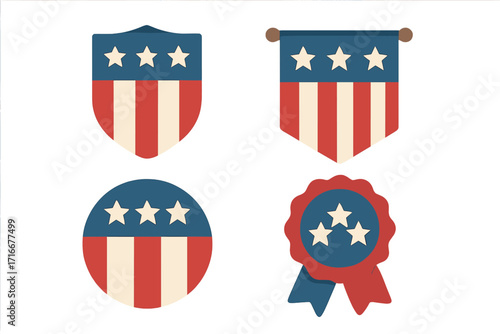American patriotic emblems set. USA flag badges for 4th of July. Vintage vector icon collection with stars and stripes. Retro shield, banner, and award ribbon labels.