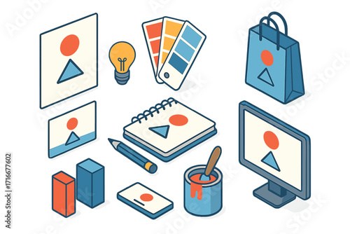Brand identity isometric vector illustration set. Corporate design process concept. Marketing materials with logo. Stationery, computer, color palette, and idea lightbulb.