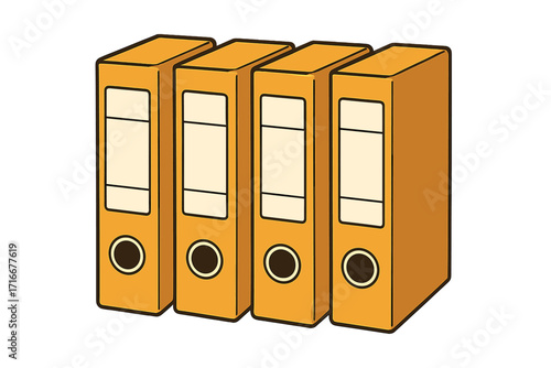 Row of orange office ring binders for document storage and data archiving. Vector cartoon illustration of files, folders, and paperwork organization. Isolated stationery icon set.