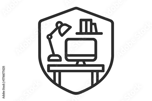 Workspace shield icon. Home office security emblem. Work from home safety symbol. Remote work protection logo. Desk, computer, lamp vector line art illustration for business.