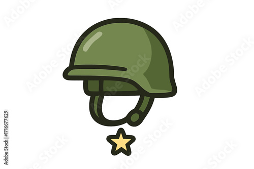 Military helmet icon with star. Soldier headwear symbol for veteran's day or memorial day. Army combat gear. Flat cartoon vector illustration. Armed forces service & honor.