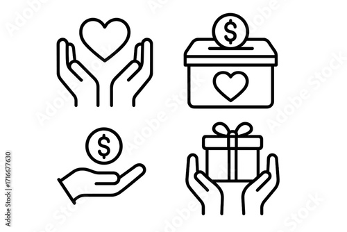 Donation and charity thin line icon set. Includes concepts of giving, love, help, and support. Vector icons of fundraising, volunteering, gift, money, and care for crowdfunding.