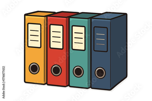 Vector illustration of colorful office ring binders. Document storage, data organization, and paperwork management concept. Archive and file administration symbol for business.