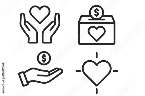 Charity and donation icon set. Vector linear symbols for fundraising, volunteering, and support. Heart in hands, money box, and financial aid concepts illustrations.