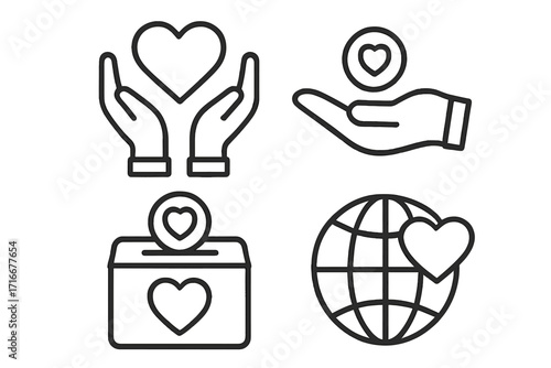 Charity icon set. Linear symbols for donation, fundraising, and volunteering. Heart in hand, giving money, donation box, and global love icons. Vector for help and support.