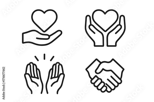 Charity icon set with hands holding heart, handshake. Concept of donation, support, love, care, volunteering and help. Outline vector symbols for philanthropy and community.